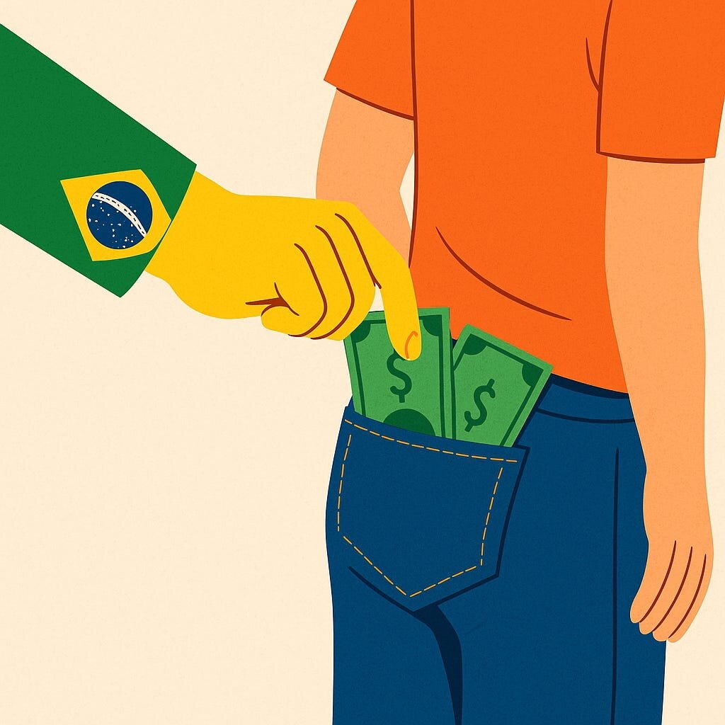 Ilustração: mão com a manga do Brasil retirando dinheiro de um bolso